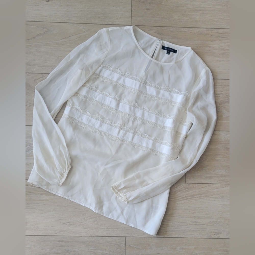 ST. JOHN 2 S top Silk with Lace Trim blouse Romantic Ethereal Ivory Cream